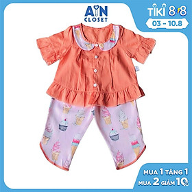 Bộ quần dài áo tay ngắn bé gái Họa tiết Kem ốc quế hồng cam - AICDBG2OOL38 - AIN Closet