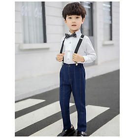 Set công tử đi tiệc có dây đeo dành cho bé trai TQB002 gồm 3 chi tiết (áo sơ mi trắng dài tay + quần tây xanh dương đậm dài + dây đeo) tặng kèm nơ