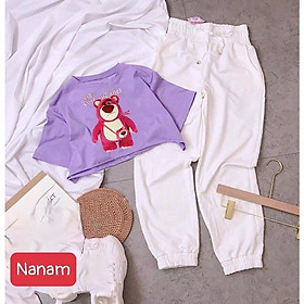 Đồ bộ bé gái, Bộ quần áo croptop phong cách hiphop cho bé gái Gấu dâu Lotso từ 18-60kg chất cotton mát