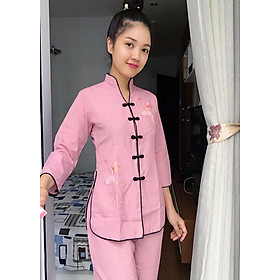 Áo Lam Đi Chùa - Bộ Cổ Tàu Thêu Sen Màu Hồng Viền Đen