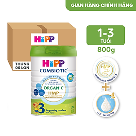Thùng 6 lon sữa bột dinh dưỡng công thức HiPP 3 Organic Combiotic chất lượng hữu cơ tăng cường sức khoẻ hệ miễn dịch, bổ sung Canxi và vitamin D dành cho trẻ trên 12 tháng tuổi (6 lon x 800g)