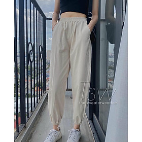 Quần jogger nữ bo gấu vải đũi xước siêu mát Quần bo ống nữ mùa hè Banamo Fashion 826