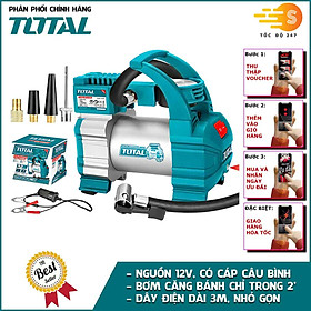 Máy bơm lốp, bánh xe đa năng nguồn 12v có cáp nối bình TOTAL TTAC1406 - Dây dài 3m, có đèn Led, Áp suất đến 140 PSI - Tốc độ 247