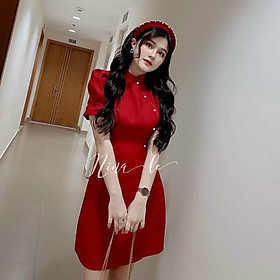 Đầm xoè đỏ cổ tàu tay phồng đính cườm siêu xinh