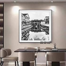 Tranh treo tường vải canvas trang trí phong cảnh hội an trắng đen trang trí (tặng kèm đinh)