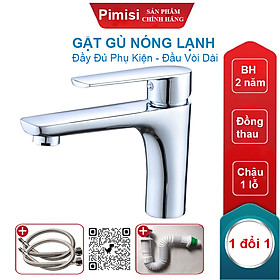 Gật Gù Nóng Lạnh Pimisi PV-308C-1 Dài - Rộng 17 cm, Mạ Xi Sáng Bóng, Dùng Cho Chậu Rửa Mặt 1 Lỗ Ở Nhà Vệ Sinh - Vòi Lavabo Gắn Trên Bồn Chậu Rửa Treo Tường Hay Lavabo Mặt Bàn Đá, Với Đầy Đủ Phụ Kiện Xi Phông Và Dây Cấp Nước | Hàng Chính Hãng