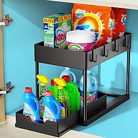 Lưu trữ dưới bồn rửa ở 2 cấp - Nhà tổ chức dưới bồn rửa với 4 móc - kệ dưới bồn rửa - hỗ trợ trượt cho kệ thấp hơn - nhà tổ chức nhà bếp dưới bồn rửa đen