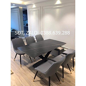 Bộ bàn ăn chân X 1m6 + 6 ghế Loft Sọc mặt đá ceramic bóng  Thương hiệu Nội Thất Bình Long