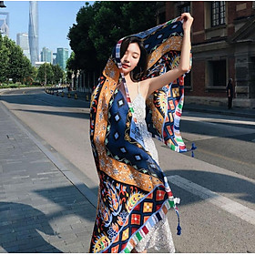 Khăn choàng đi biển - chống nắng thổ cẩm thời trang Vintage mẫu mới SKC03 tone xanh coban vàng