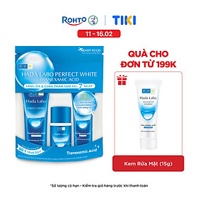 Bộ travel size dưỡng trắng Hada Labo Perfect White Tranexamic Acid Travel Set (Kem rửa mặt 15g+Dung dịch dưỡng 20ml+Kem dưỡng 12g)