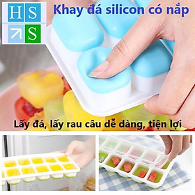 Khay đá silicon (14 ngăn) có nắp đậy an toàn không dính mùi thực phẩm,làm rau câu,làm kem,khay trữ đông thực phẩm ăn dặm