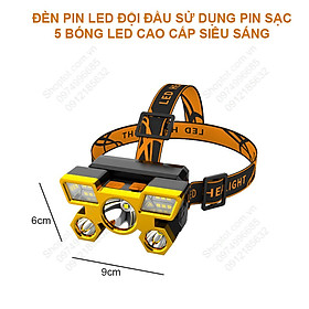 Đèn Pin LED siêu sáng đội đầu 5 bóng led (9 chip LED) với pin sạc gắn sẵn bên trong