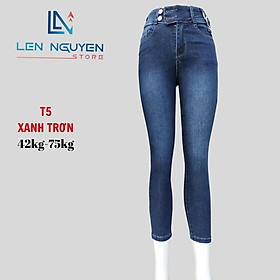 Quần jean nữ, 9 tất, lưng cao, quần bò nữ dáng ôm, quần rin nữ có big size, cho 42kg đến 75kg, - Xanh Trơn