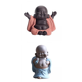 2x Ceramic Little Monk Happy Buddha Statue Figurine Ornaments Crafts