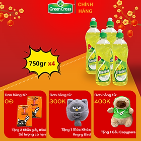 Combo 4 Chai Nước rửa chén bát 100% Thiên nhiên An toàn Greenex 750g Hương chanh