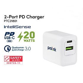 Sạc nhanh PROLINK 20W 2 cổng USB – Type C PD QC3.0 - PTC21801 – Phù hợp dùng cho iphone 12 Pro Max 2020 iphone 11 XS XR X 8 iPad Pro 2018/2019 Huawei P40 Samsung Note 10+ S20 - Hàng chính hãng