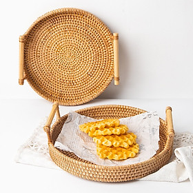 Mua Khay mây hình tròn có tay cầm đựng bánh mì bánh kẹo trái cây làm decor