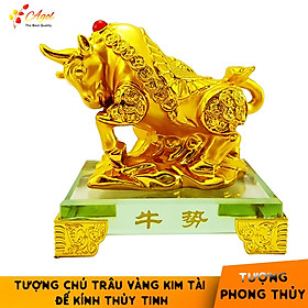 Tượng chú trâu vàng đế kính thủy tinh cao cấp - Trâu Vàng Kim Tiền - Hàng Nhập Khẩu