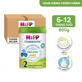 Thùng 6 lon sữa bột dinh dưỡng công thức HiPP 2 Organic Combiotic chất lượng hữu cơ tự nhiên an toàn, bổ sung Omega 3 (DHA & ALA) dành cho trẻ từ 6 đến 12 tháng tuổi (6 lon x 800g)