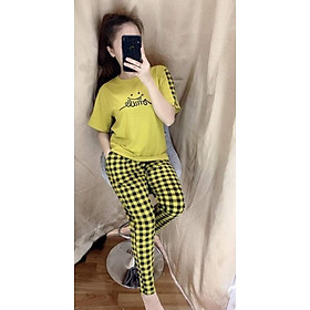 Đồ bộ mặc nhà quần dài phối sọc caro thun cotton thoáng mát