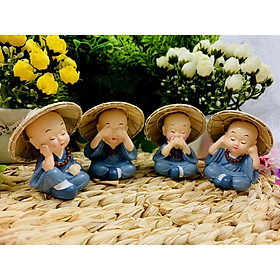 Mua Bộ 4 tượng chú tiểu Tứ Không đeo Chuổi Hạt đội Nón Lá( Hình Thật _Video Thật )