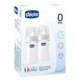 Bộ 2 bình thủy tinh tự nhiên núm silicone Chicco 150ml