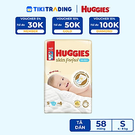 Tã/bỉm dán sơ sinh Huggies Skin Perfect S 54+4 miếng với 2 vùng thấm giảm kích ứng da