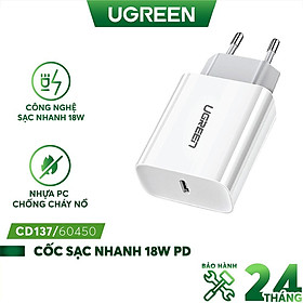 Sạc nhanh UGREEN CD137 60450 1 cổng USB Type C hỗ trợ PD QC 4.0 3.0 tối đa