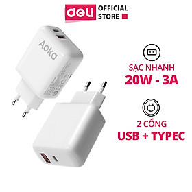 Củ Sạc Nhanh 2 Cổng AOKA by Deli 20W Sạc Nhanh Cho Điện Thoại - Siêu Bền Chống Nóng Chống Cháy Nổ hàng chính hãng