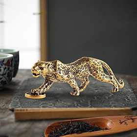 Brass Cheetah Figurine Statue Simulation Animal Sculpture Miniatures Retro Crafts for Cafe Living Room Bookcase Shelf Centerpiece Ornament