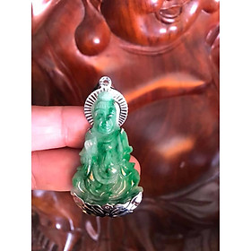 MẶT DÂY CHUYỀN  PHẬT QUAN ÂM ĐEO CHUỖI BỌC INOX ĐÁ CẨM THẠCH TỰ NHIÊN MÀU XANH BÔNG BÔNG ĐẬM NHẠT RẤT TỰ NHIÊN ĐẸP Size Cao 45mm x Ngang 26mm x Dầy 6mm MỆNH MỘC HOẢ THUỶ