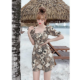 Đầm xoè lụa hoạ tiết hở lưng kèm nơ siêu xinh phù hơp đi dạo phố, đi làm 