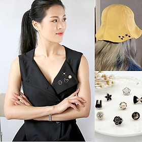 Bộ 10 ghim cài áo pha lê hoa ngọc trai, trâm cài áo hạt nút phong cách tiểu thư PK8