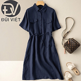 Đầm linen nữ cổ sơ mi ngắn tay, Váy sơ mi công sở túi đắp, có túi hông kèm dây rút eo Đũi Việt