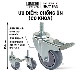 Bánh Xe Đẩy Hàng Cao Su TPR Có Bạc Đạn Và Khóa JIROSHI, Bánh Xe Chống Ồn Công Nghệ Nhật Bản, Phi 75mm Ty Ren M12x25