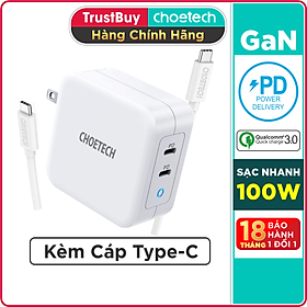 Mua Adapter Củ Sạc 100W 2 Cổng Type C cho Macbook  Laptop  Smartphone CHOETECH PD6008 Kèm Dây Cáp Type C to C 100W - Hàng Chính Hãng