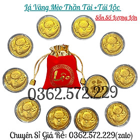 Hình ảnh [Tặng Tết] Combo Sỉ 10 Xu Lá Vàng Mèo Thần Tài Mạ Vàng Kèm Túi Gấm Phúc Lộc Phong Thủy May Mắn Làm Qùa Tặng Tết 2023