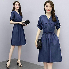 ĐẦM JEAN XOÈ EO RÚT CỔ V