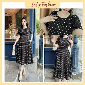 Đầm xòe chấm bi phối hoa ngực dễ thương D055- Lady Fashion