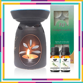 Combo Đèn Xông Tinh Dầu Nến + 2 Lọ Tinh Dầu Sả Chanh Kobi 10ml + Nến Tealight Sạch (Hộp 10 Viên)