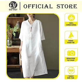 Đầm suông linen tay lỡ cổ phát V, chất vải linen tự nhiên mềm mát, thời trang cho phái nữ Da78