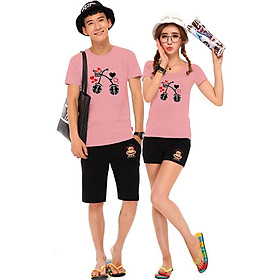 Bộ Áo Thun Đôi Nam Nữ Song Hỷ Màu Hồng Ruốc - L