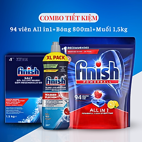combo Viên rửa bát finish all in one 100 viên+Dung dịch Nước làm bóng finish 750ml +Muối rửa bát finish 1.5kg cho Máy rửa bát