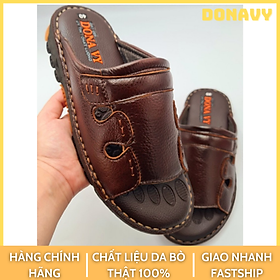 DÉP NAM DA BÒ THẬT 100% DONAVY CAO CẤP ĐẾ CAO SU CAO 3CM, MAY QUAI XUỐNG ĐẾ CHẮC CHẮN, MẶT ĐẾ IN HÌNH 05 NGÓN CHÂN RẤT BÁM CHÂNDONAVYKHAUVIEN