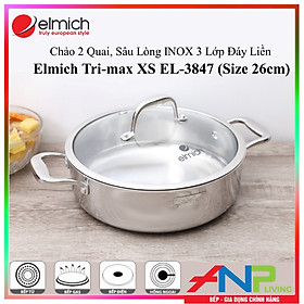 Chảo Inox liền khối 2 Tay Cầm, Sâu Lòng, Kiêm Nồi Lẩu Elmich Trimax XS EL-3847 size 26cm