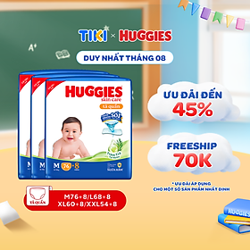 Thùng 3 gói tã/bỉm quần huggies skincare gói m76+8/l68/xl60/xxl54 + 3 gói khăn ướt 80m