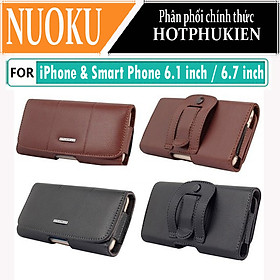 Case bao da đeo nịt da thật cho iPhone 11 12 13 14 Pro Max / 14 Plus / Note 20 / S22 / S23 ultra và các dòng máy từ 6.7 inch trở xuống hiệu HOTCASE Nuoku Elegant and Royal phiên bản đeo thắt lưng - có ngăn đựng thẻ, nắp gập hít nam châm  - Hàng nhập khẩu - Màu Đen - Size 6.1 icnh