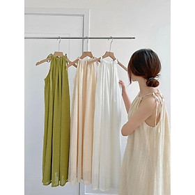 Váy nữ v5238904 maxi hai dây xốp buộc vai dáng dài cổ yếm germe