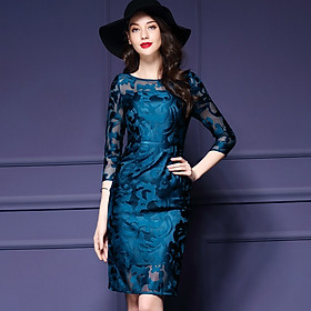 Spring and autumn plus size three-quarter sleeves mid-length slim-fit mesh embroidered hip skirt