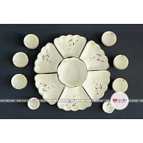 Bộ bát đĩa hoa mặt trời Bát Tràng cao cấp cúng gia tiên vẽ đào hồng